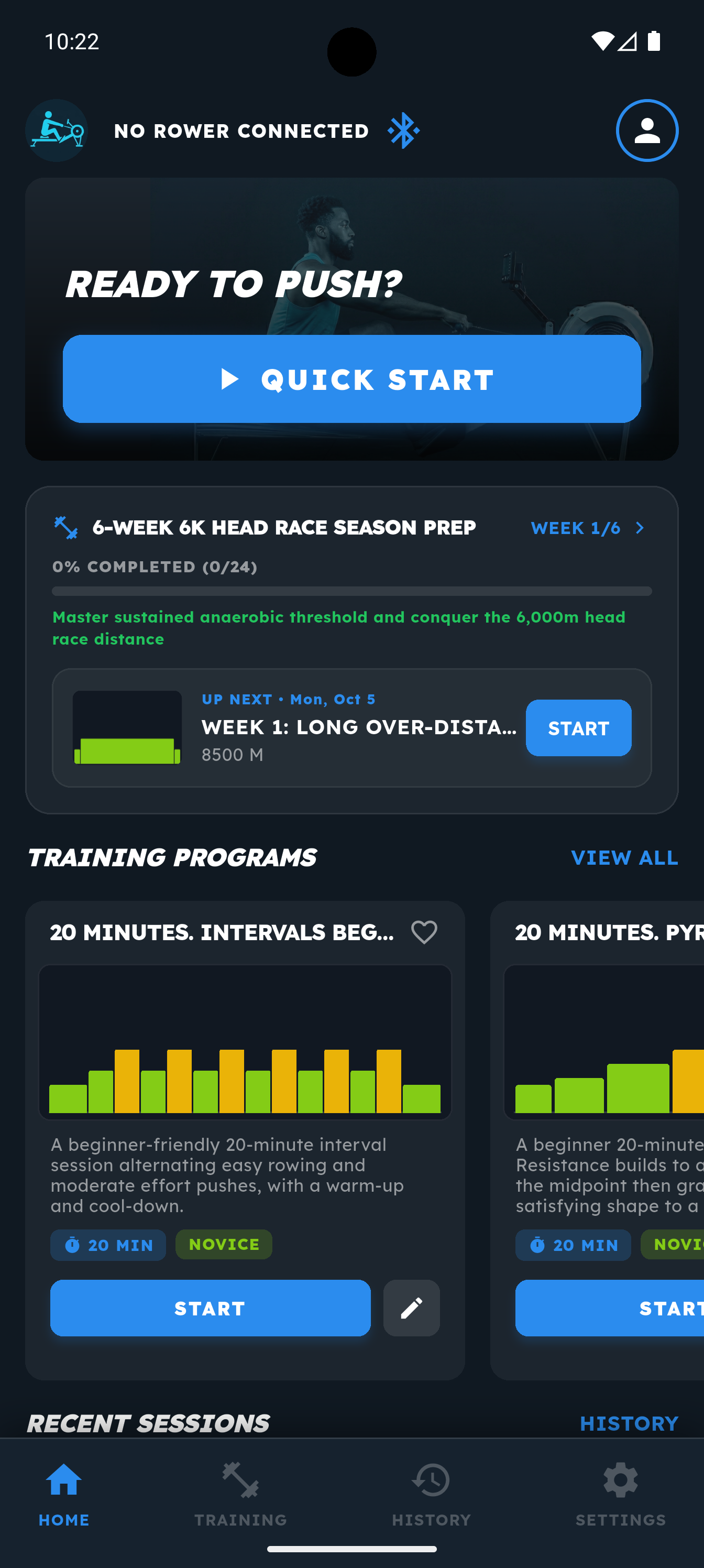 RowerCore Home Screen with Active Schedule Card